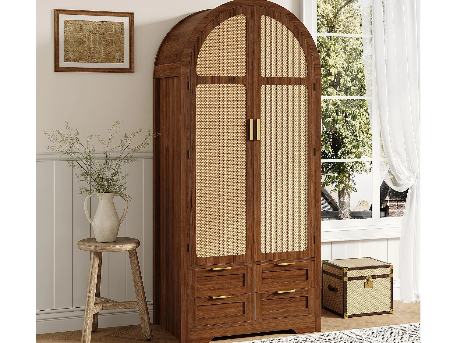 Moderne Schrank 80x50x179 cm - 2 gebogene Türen aus Rattan - 4 Schubladen - mit Kleiderstange - MDF - Braun