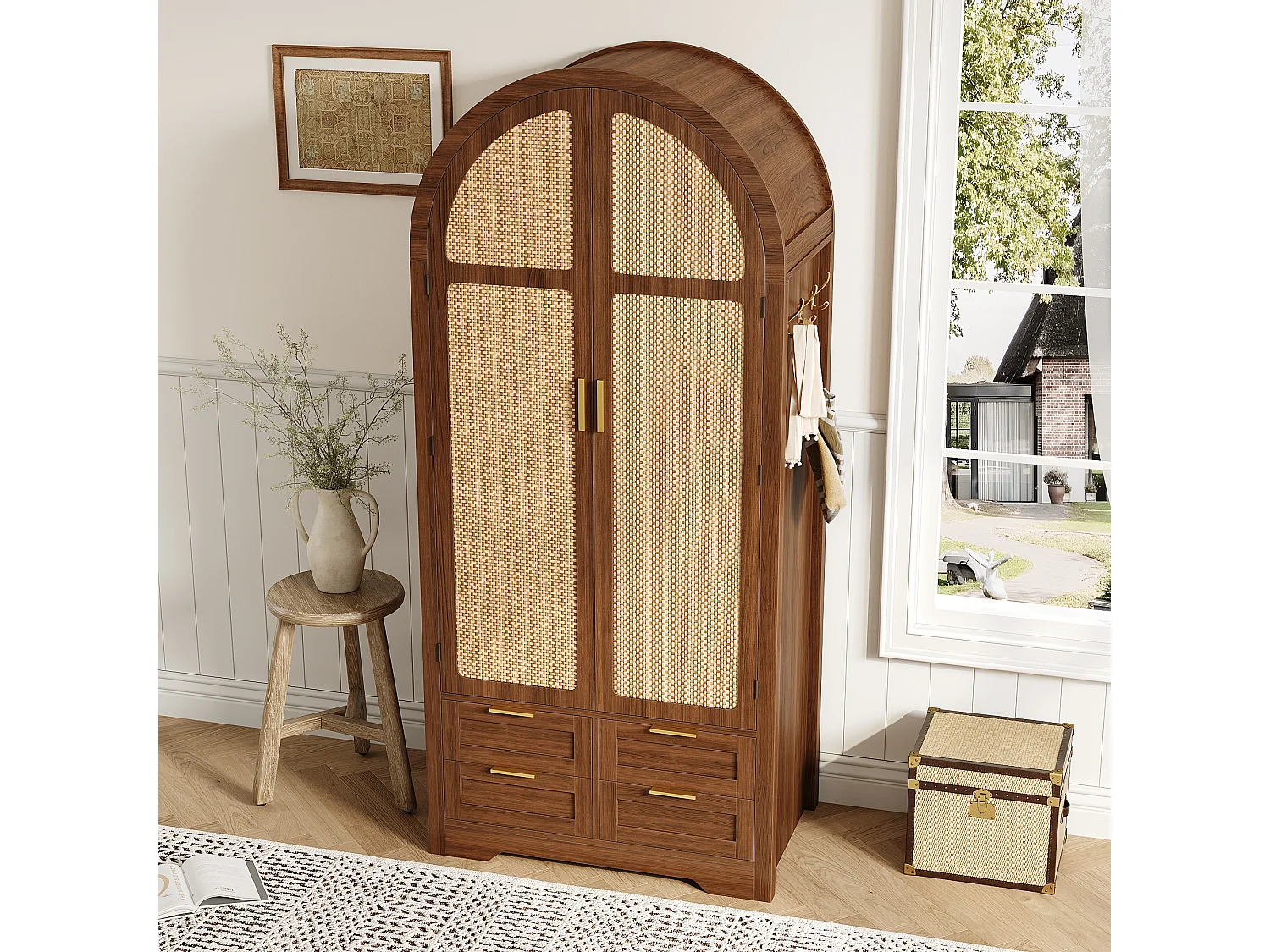 Moderne Schrank 80x50x179 cm - 2 gebogene Türen aus Rattan - 4 Schubladen - mit Kleiderstange - MDF - Braun