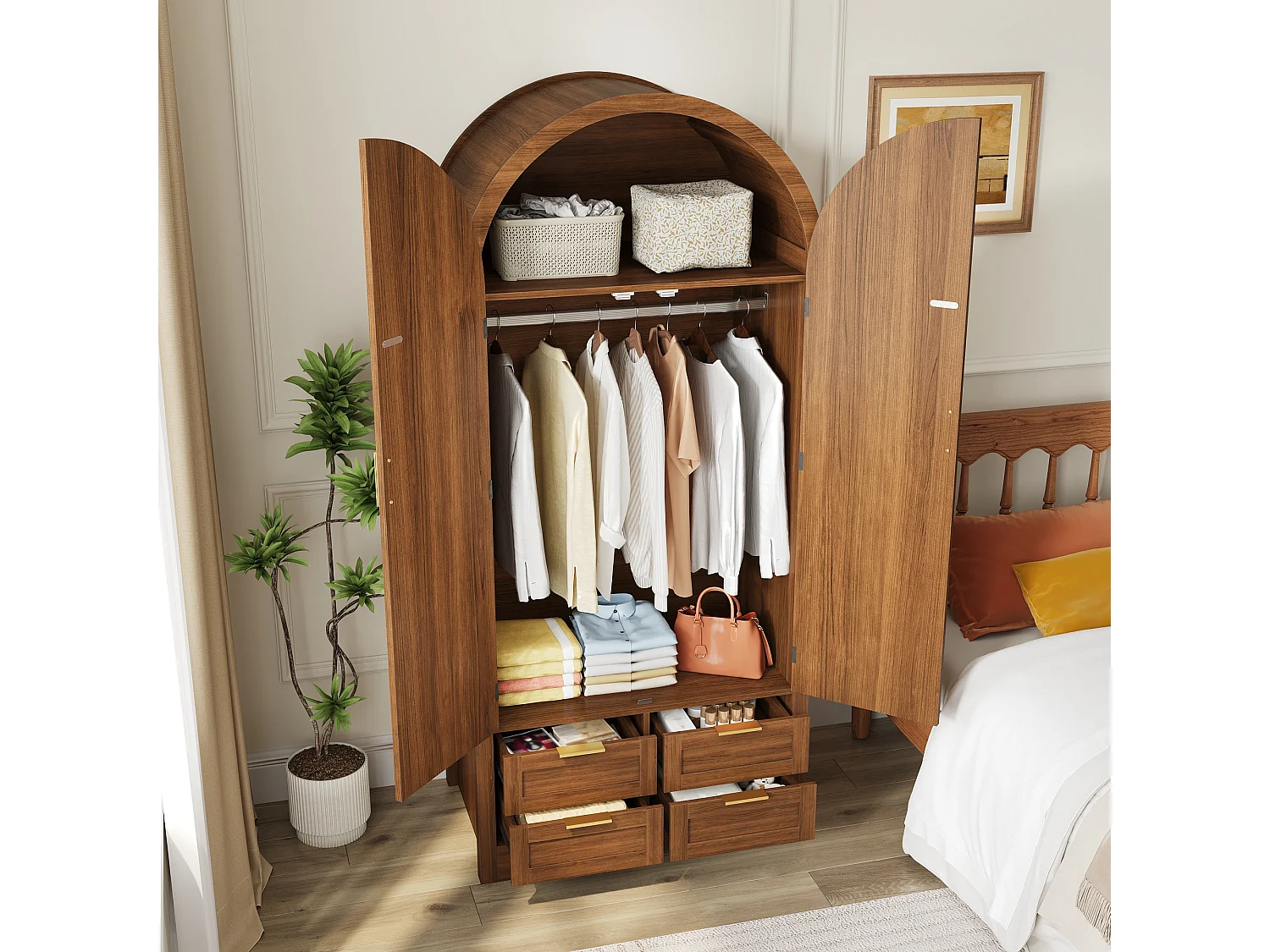 Moderne Schrank 80x50x179 cm - 2 gebogene Türen aus Rattan - 4 Schubladen - mit Kleiderstange - MDF - Braun