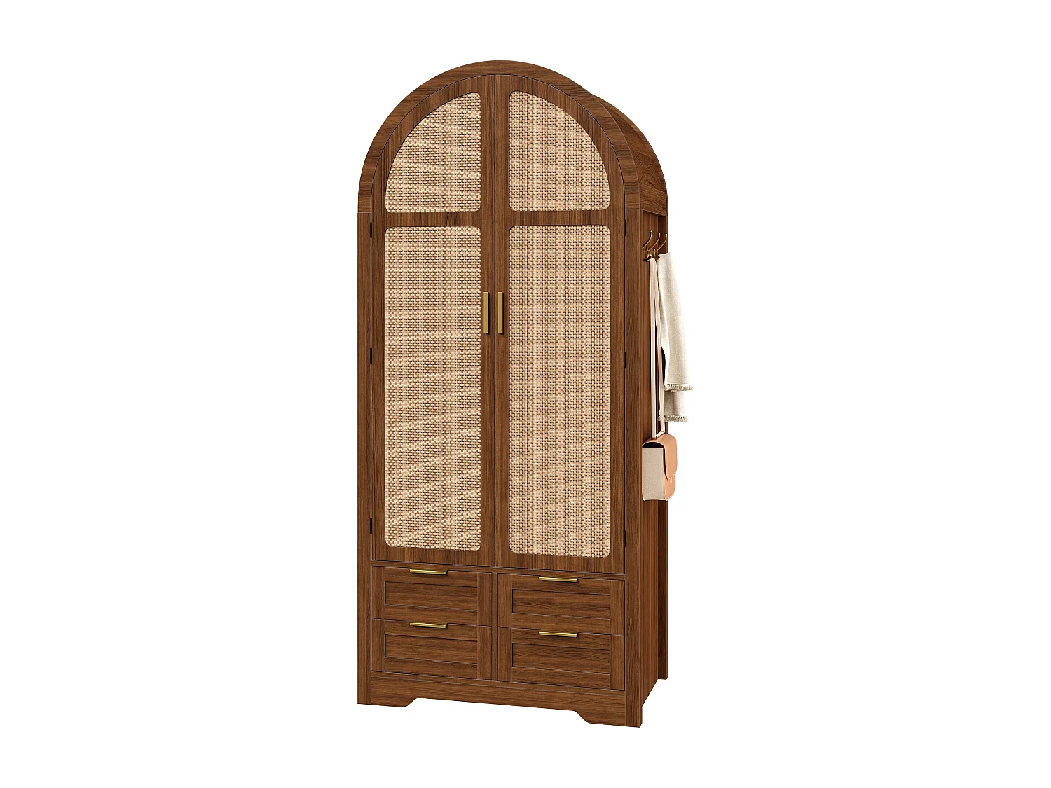 Moderne Schrank 80x50x179 cm - 2 gebogene Türen aus Rattan - 4 Schubladen - mit Kleiderstange - MDF - Braun