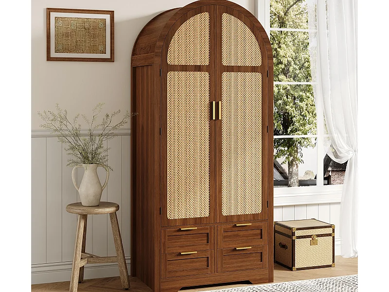 Moderne Schrank 80x50x179 cm - 2 gebogene Türen aus Rattan - 4 Schubladen - mit Kleiderstange - MDF - Braun