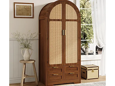 Moderne garderobe 80x50x179 cm - 2 buede rattan døre - 4 skuffer - Med bøjlestang - MDF - Brun