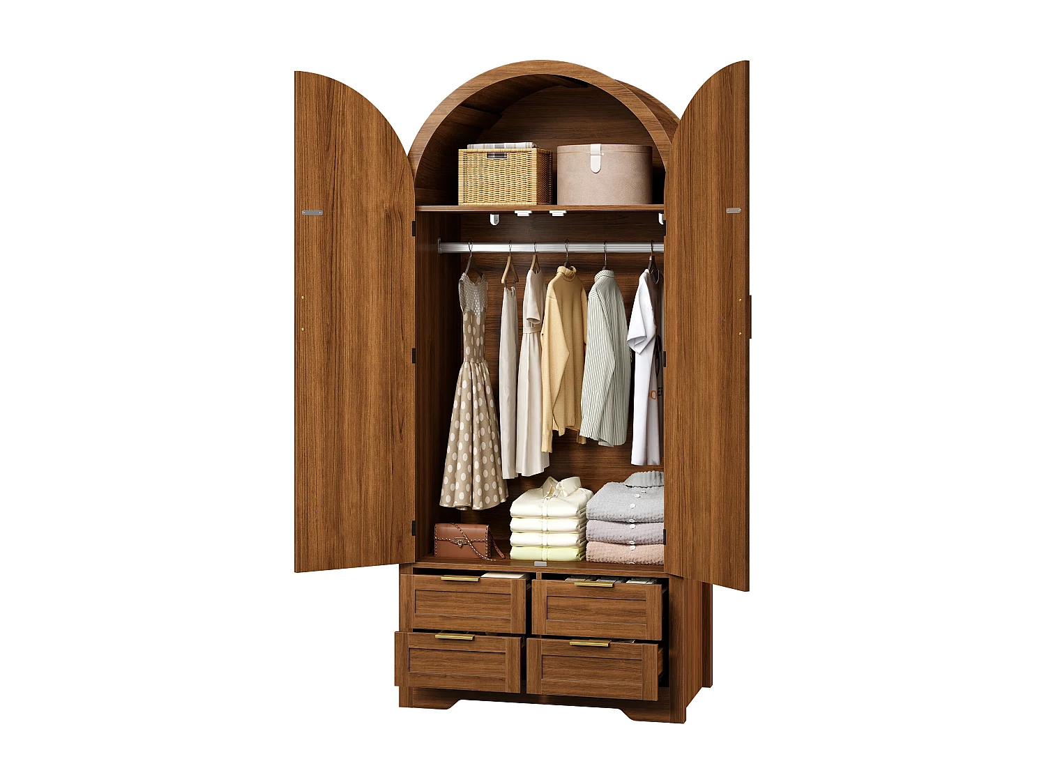 Moderner Kleiderschrank mit gebogenen Türen – 80 x 50 x 179 cm – mit Kleiderstange und 4 Schubladen – für Schlafzimmer und Flur – MDF – braun