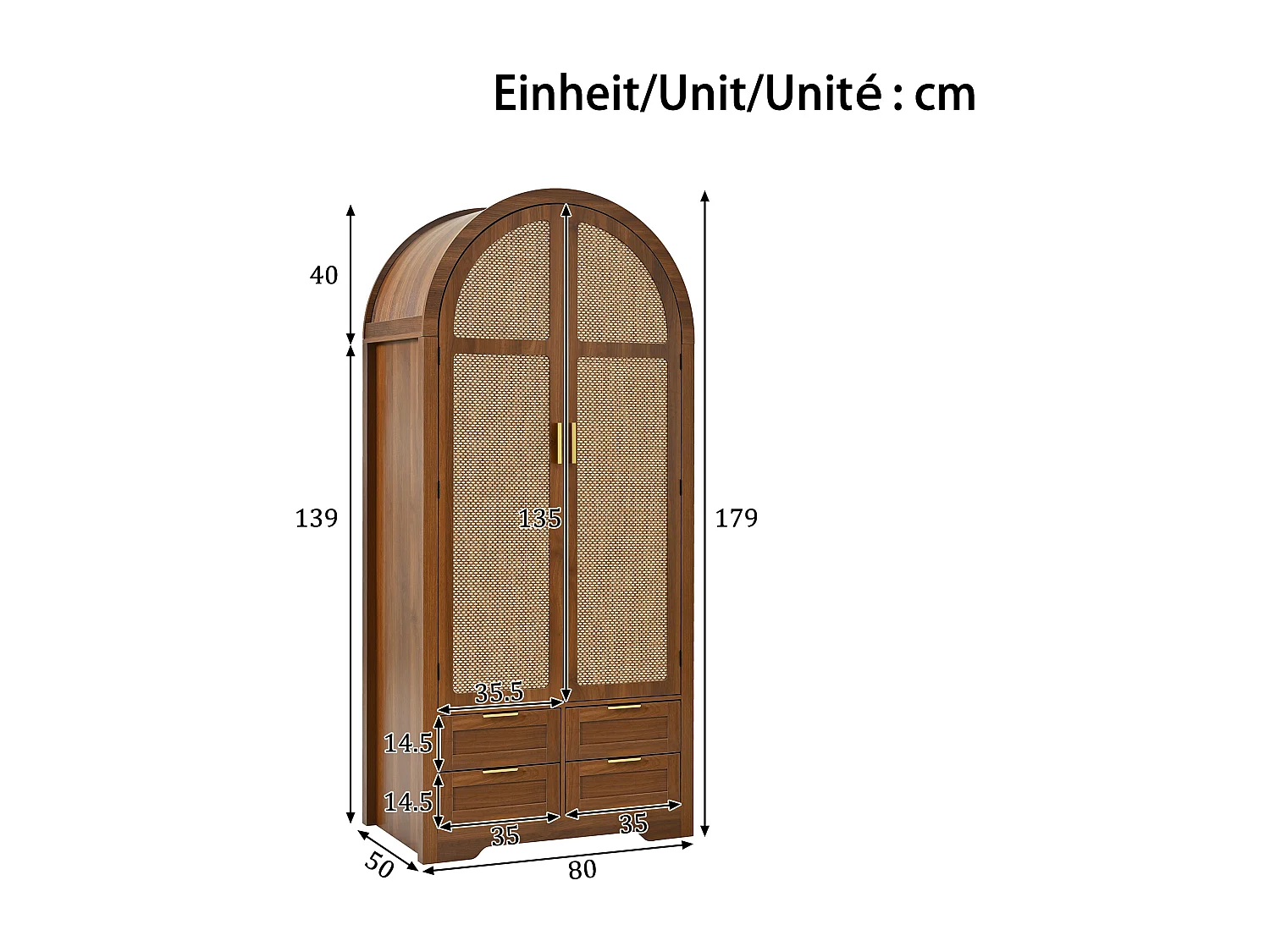 Moderner Kleiderschrank mit gebogenen Türen – 80 x 50 x 179 cm – mit Kleiderstange und 4 Schubladen – für Schlafzimmer und Flur – MDF – braun