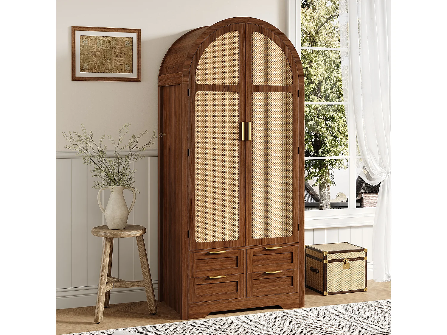 Moderner Kleiderschrank mit gebogenen Türen – 80 x 50 x 179 cm – mit Kleiderstange und 4 Schubladen – für Schlafzimmer und Flur – MDF – braun