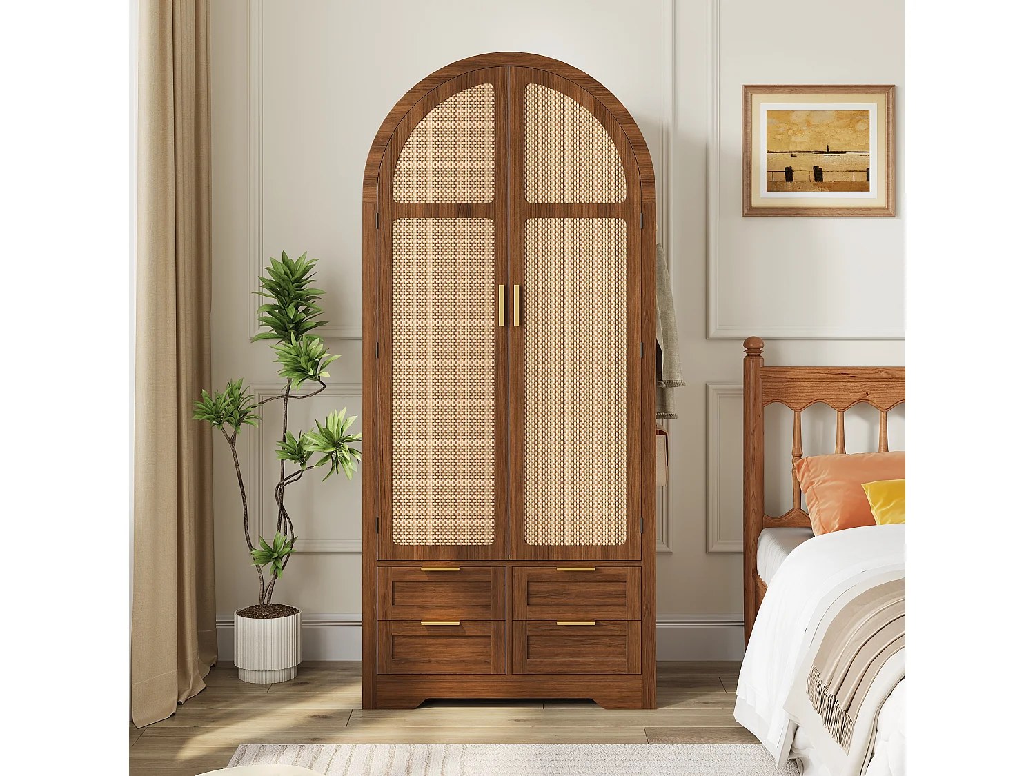 Armoire moderne à portes courbes - 80 x 50 x 179 cm - avec tringle + 4 tiroirs - pour chambres + entrées - MDF - marron