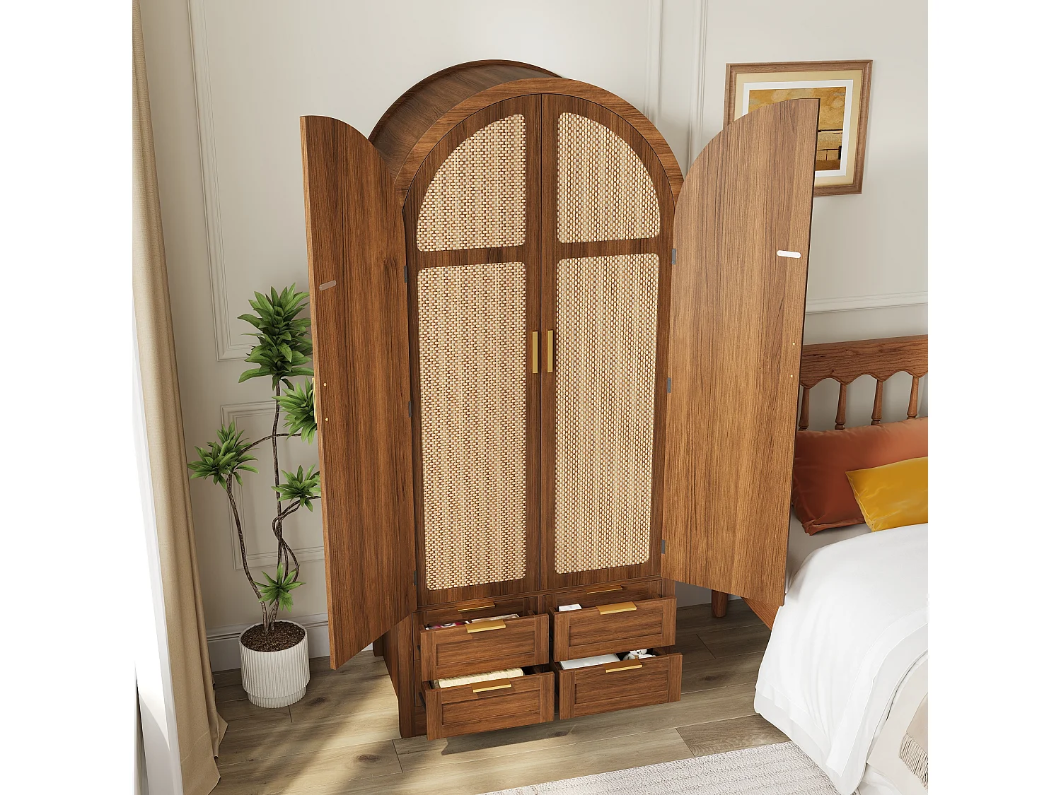 Armoire moderne à portes courbes - 80 x 50 x 179 cm - avec tringle + 4 tiroirs - pour chambres + entrées - MDF - marron