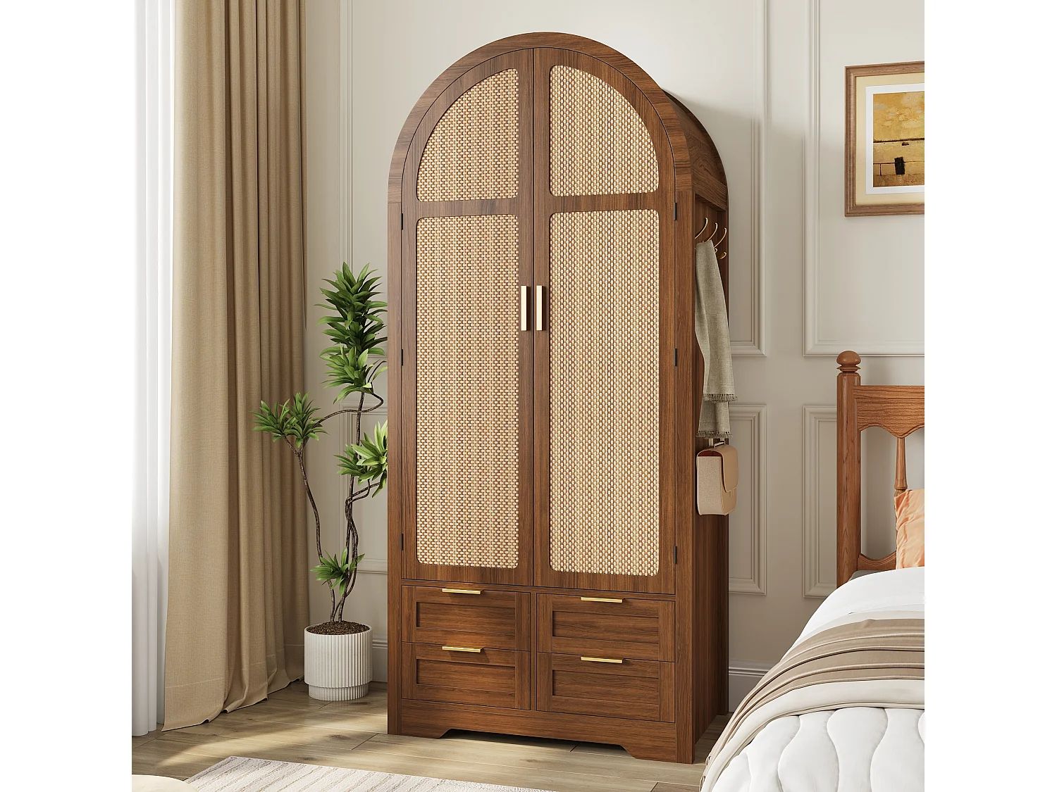 Armoire moderne à portes courbes - 80 x 50 x 179 cm - avec tringle + 4 tiroirs - pour chambres + entrées - MDF - marron
