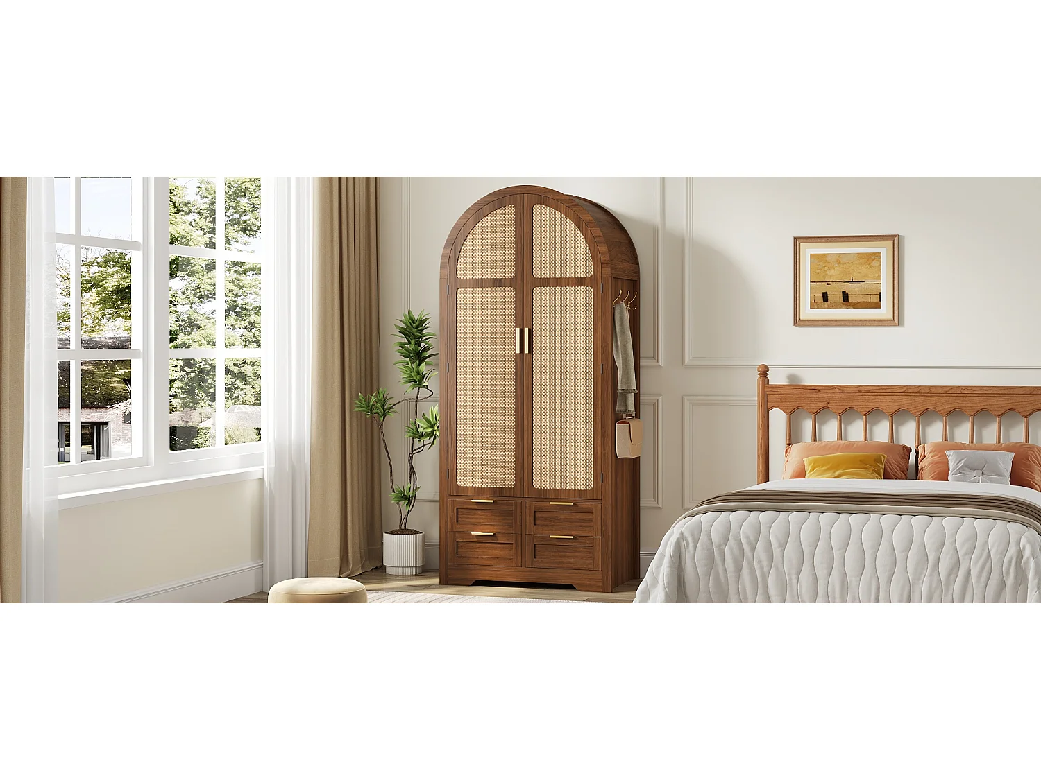 Armoire moderne à portes courbes - 80 x 50 x 179 cm - avec tringle + 4 tiroirs - pour chambres + entrées - MDF - marron