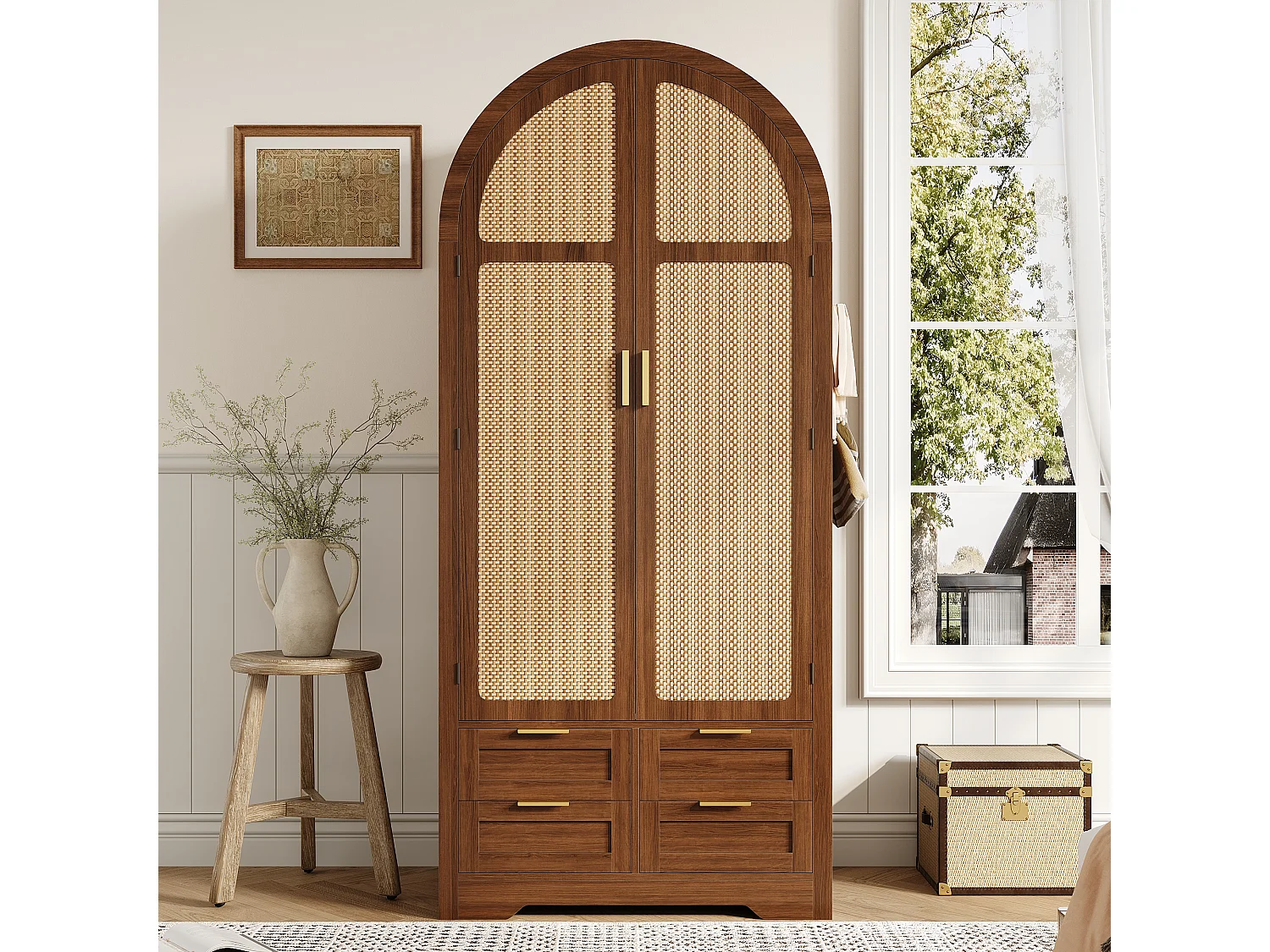 Armoire moderne à portes courbes - 80 x 50 x 179 cm - avec tringle + 4 tiroirs - pour chambres + entrées - MDF - marron