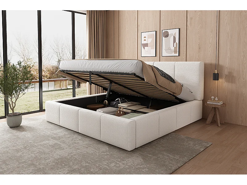 Tweepersoonsbed met opbergruimte 180x200cm - Volwassenenbed met gestoffeerd hoofdeinde - Beige bouclé stof