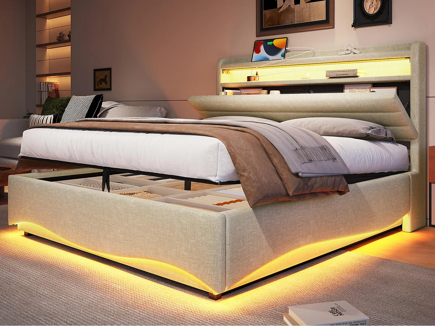 Lit coffre capitonné 140x200 cm - avec lumière LED - avec interface USB + Type-C - avec compartiments de rangement - tissu lin - beige (matelas non inclus)