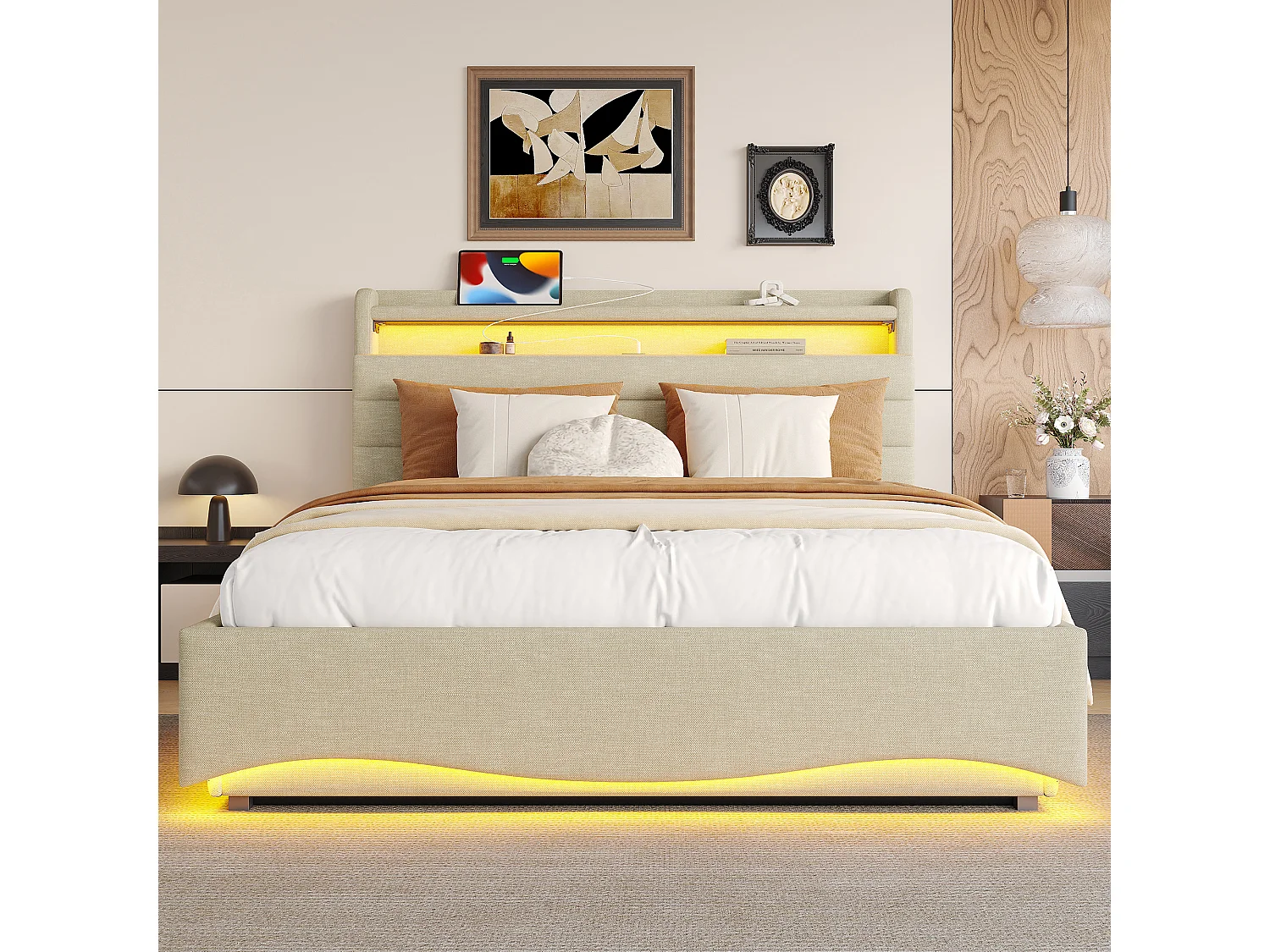 Lit coffre capitonné 140x200 cm - avec lumière LED - avec interface USB + Type-C - avec compartiments de rangement - tissu lin - beige (matelas non inclus)