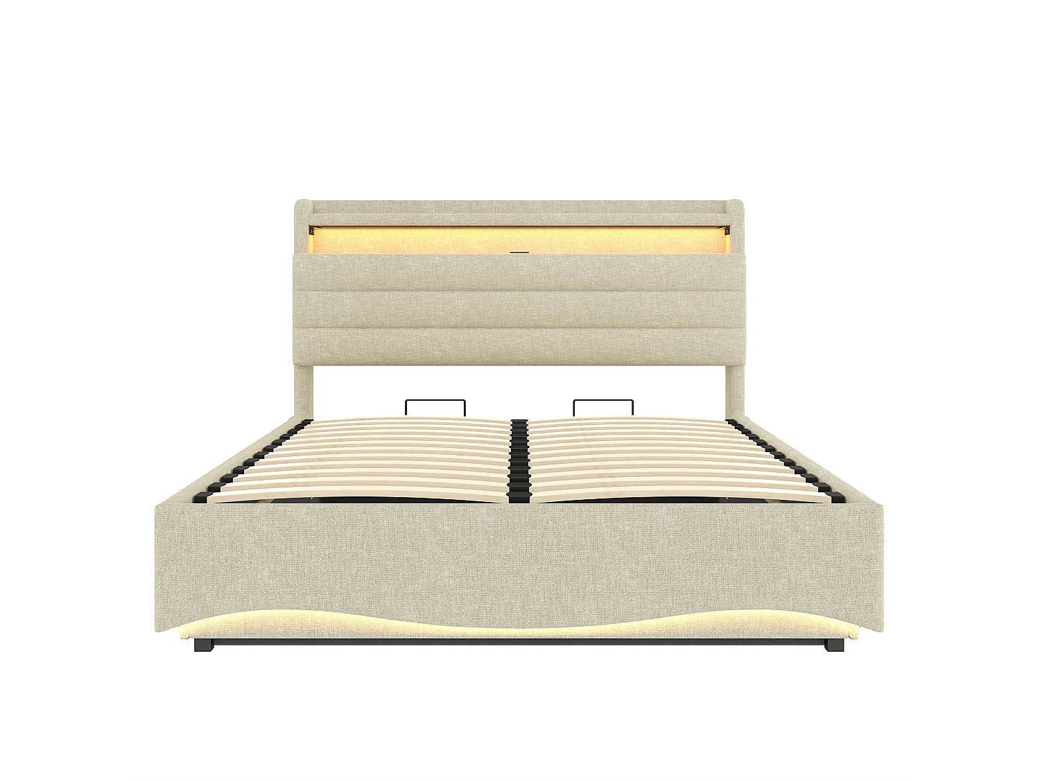 Lit coffre capitonné 140x200 cm - avec lumière LED - avec interface USB + Type-C - avec compartiments de rangement - tissu lin - beige (matelas non inclus)