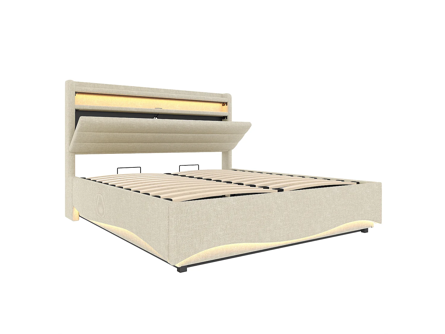 Lit coffre capitonné 140x200 cm - avec lumière LED - avec interface USB + Type-C - avec compartiments de rangement - tissu lin - beige (matelas non inclus)