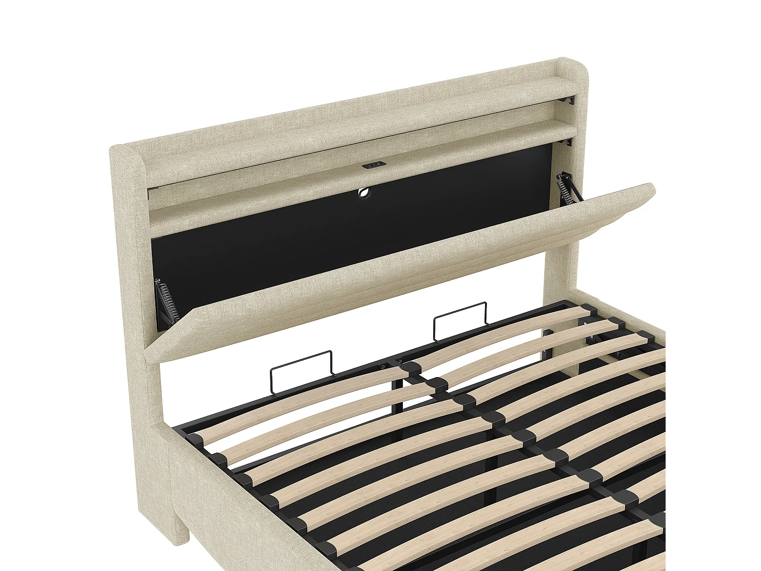 Lit coffre capitonné 140x200 cm - avec lumière LED - avec interface USB + Type-C - avec compartiments de rangement - tissu lin - beige (matelas non inclus)