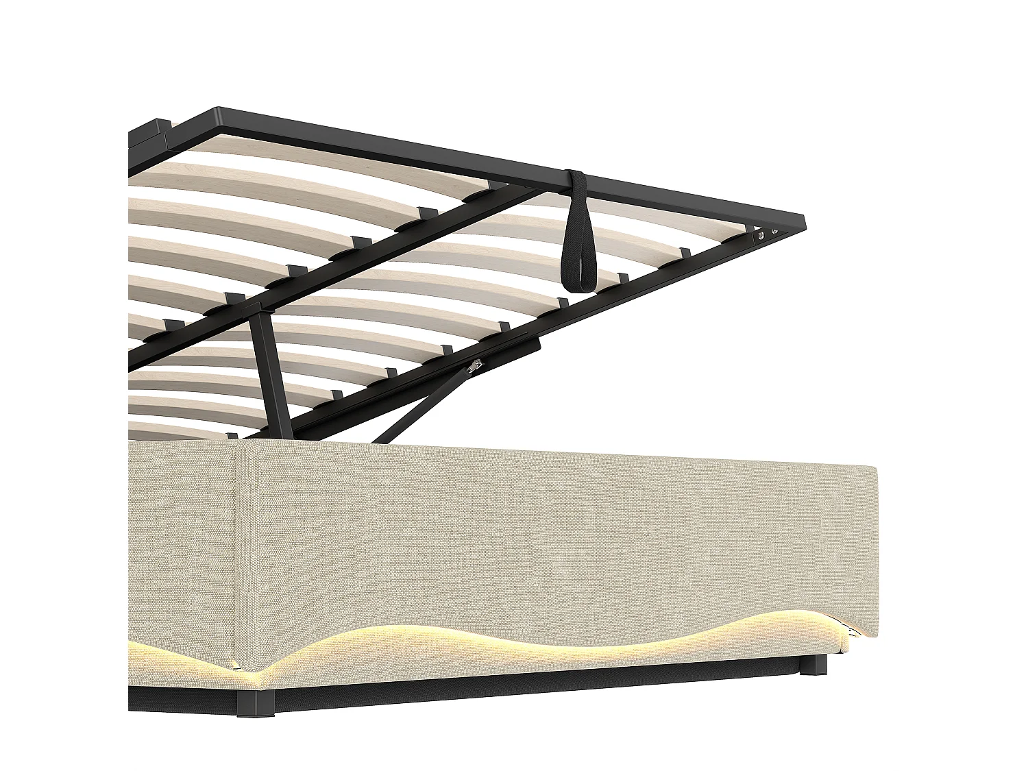 Lit coffre capitonné 140x200 cm - avec lumière LED - avec interface USB + Type-C - avec compartiments de rangement - tissu lin - beige (matelas non inclus)