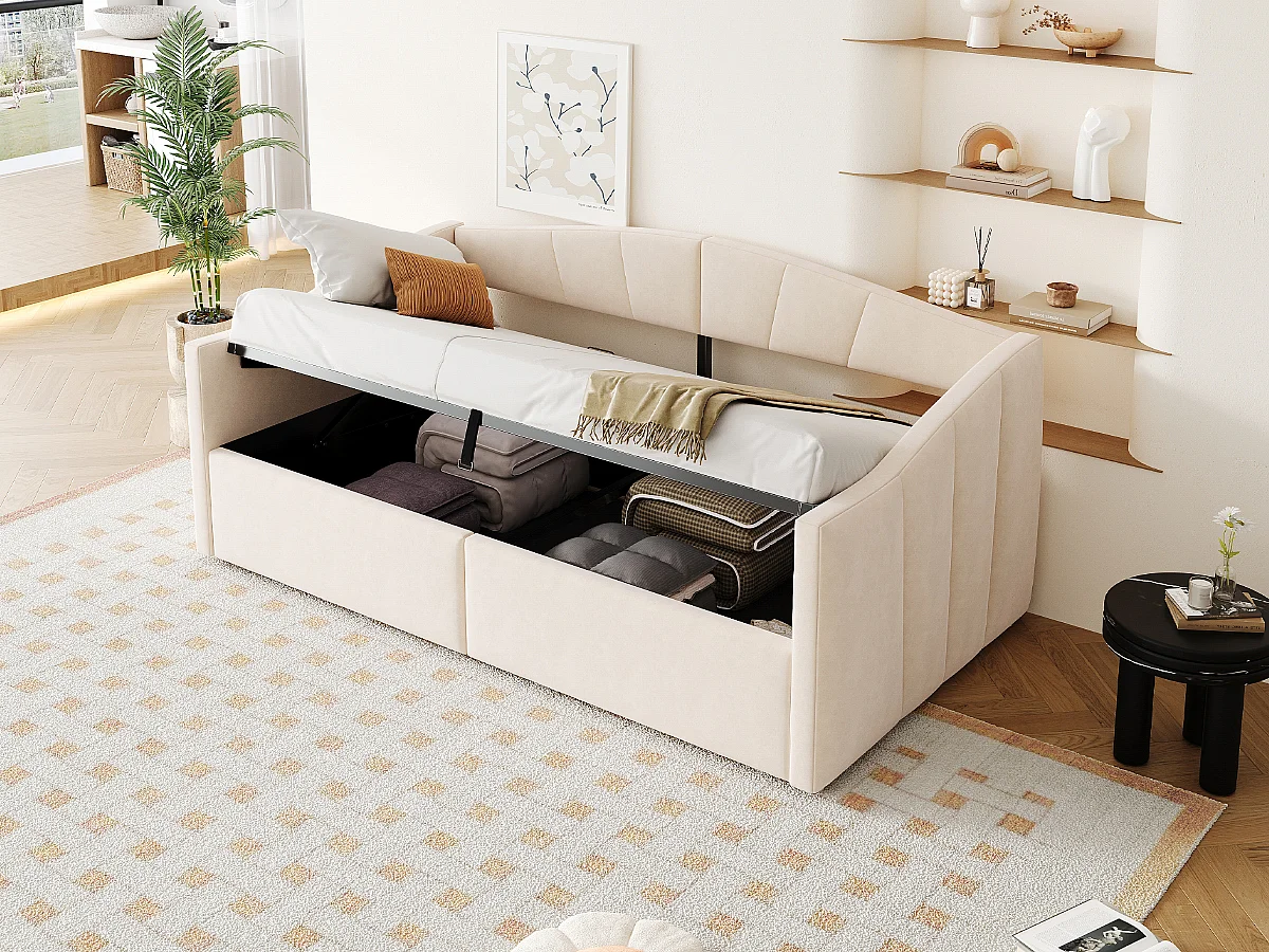 Lit coffre simple 90x200cm en velours beige - Lit banquette avec accoudoirs