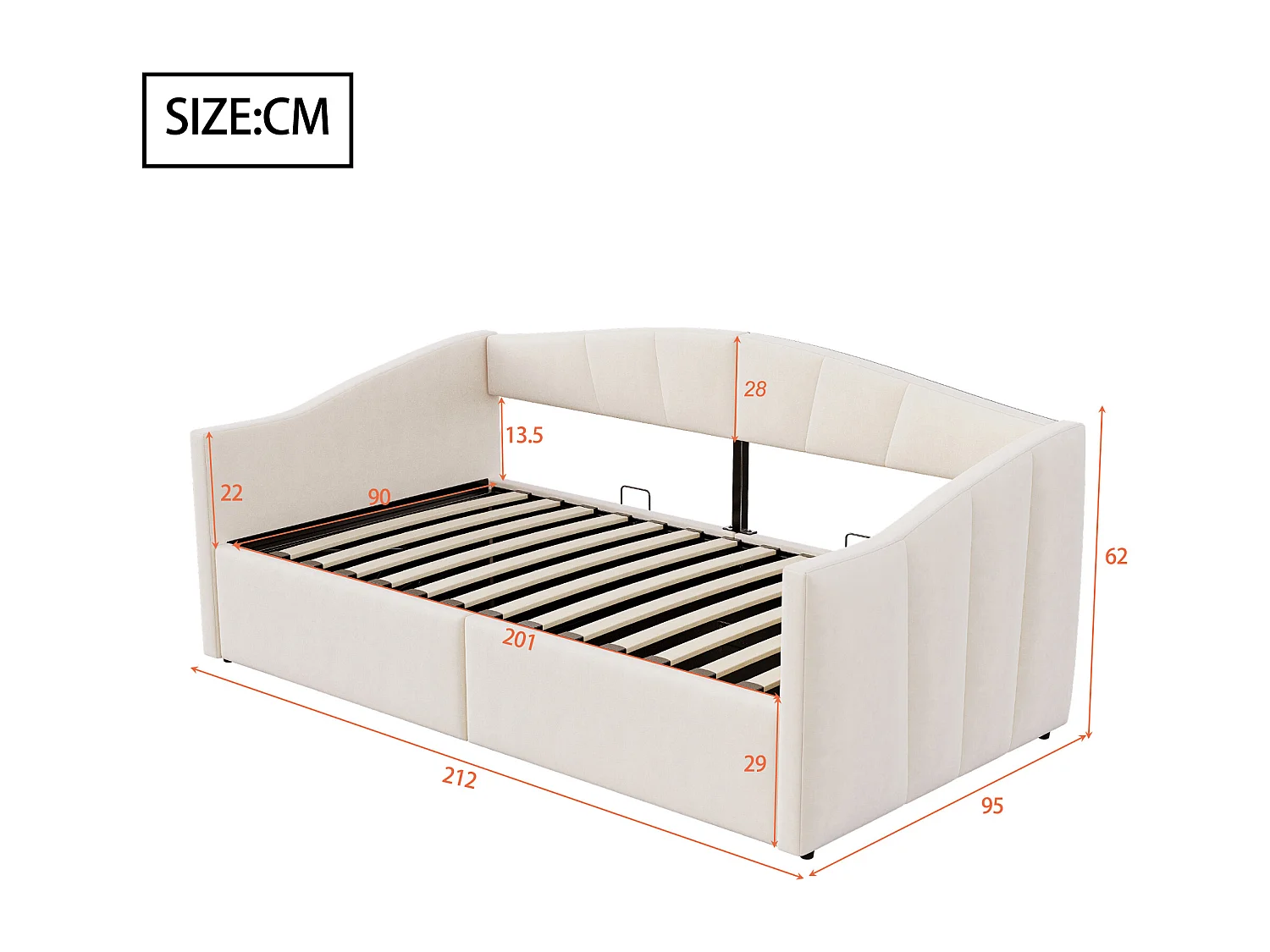 Lit coffre simple 90x200cm en velours beige - Lit banquette avec accoudoirs