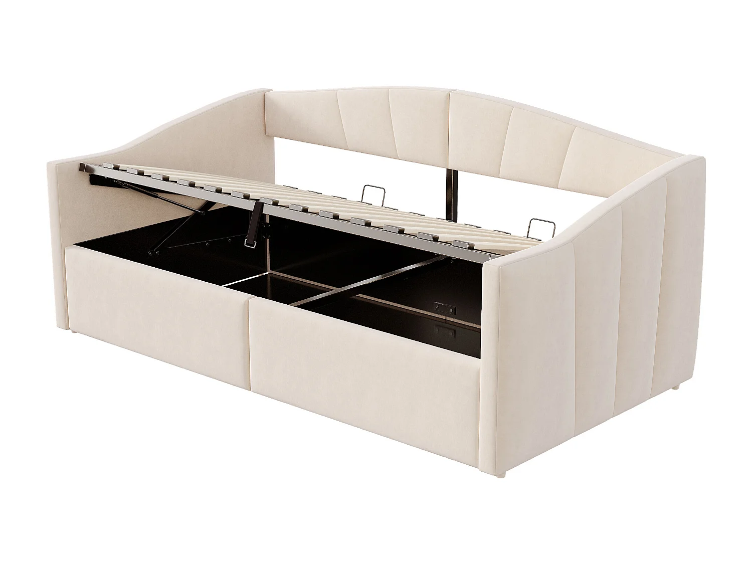 Lit coffre simple 90x200cm en velours beige - Lit banquette avec accoudoirs