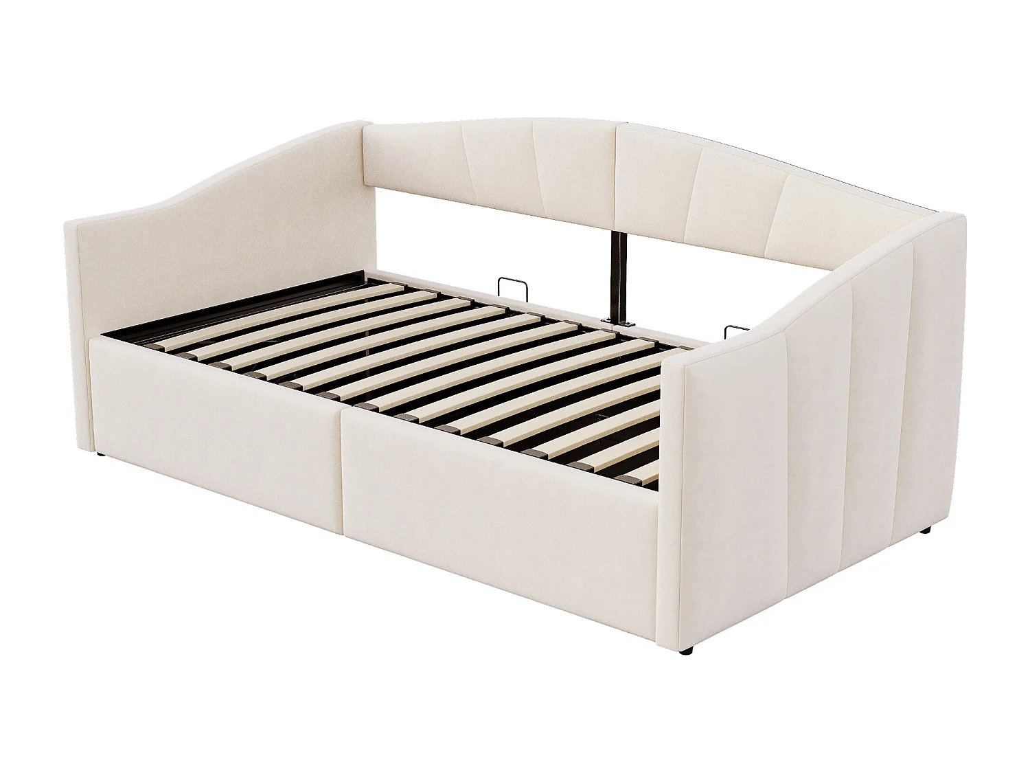 Lit coffre simple 90x200cm en velours beige - Lit banquette avec accoudoirs