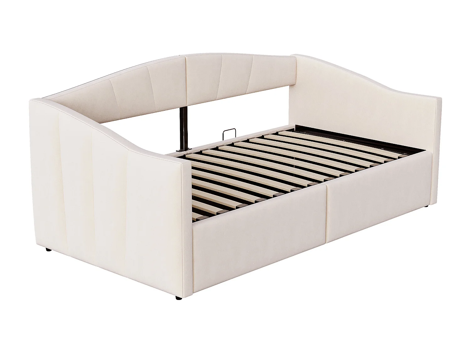 Lit coffre simple 90x200cm en velours beige - Lit banquette avec accoudoirs