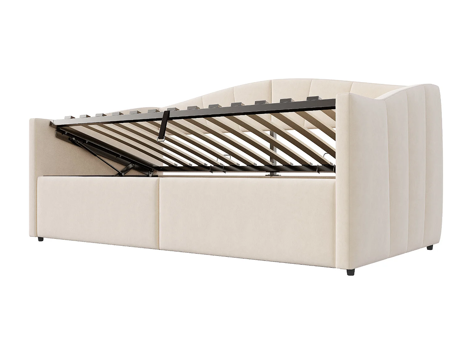 Lit coffre simple 90x200cm en velours beige - Lit banquette avec accoudoirs