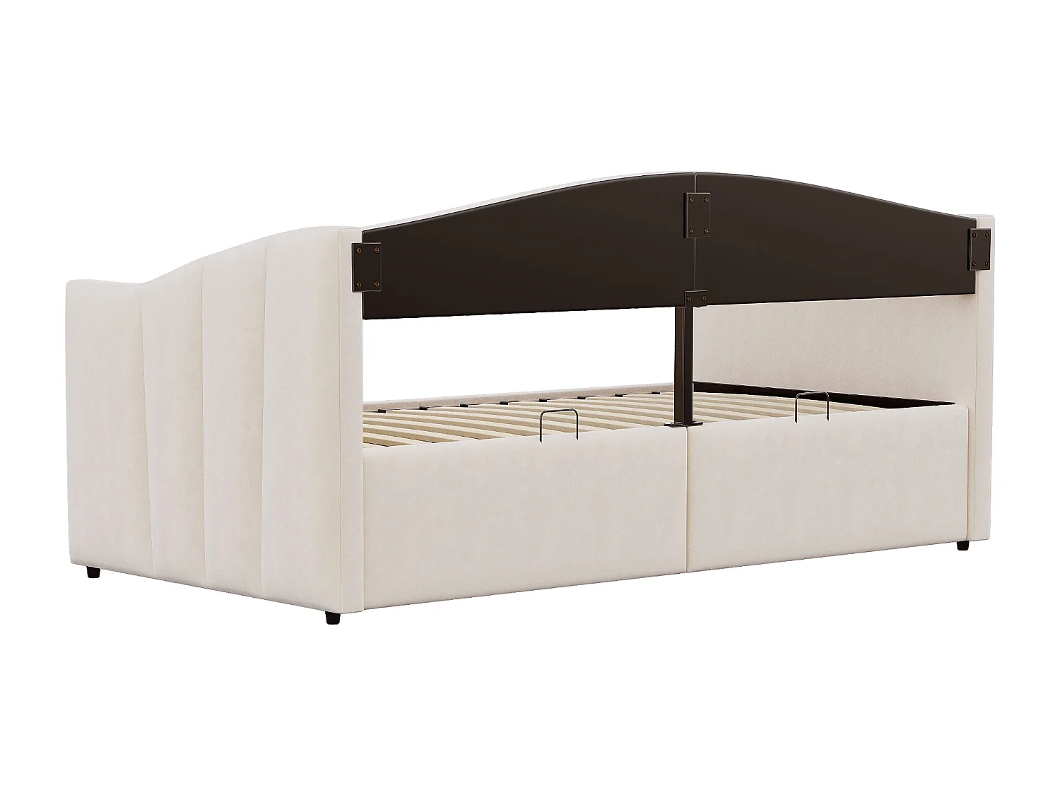 Lit coffre simple 90x200cm en velours beige - Lit banquette avec accoudoirs