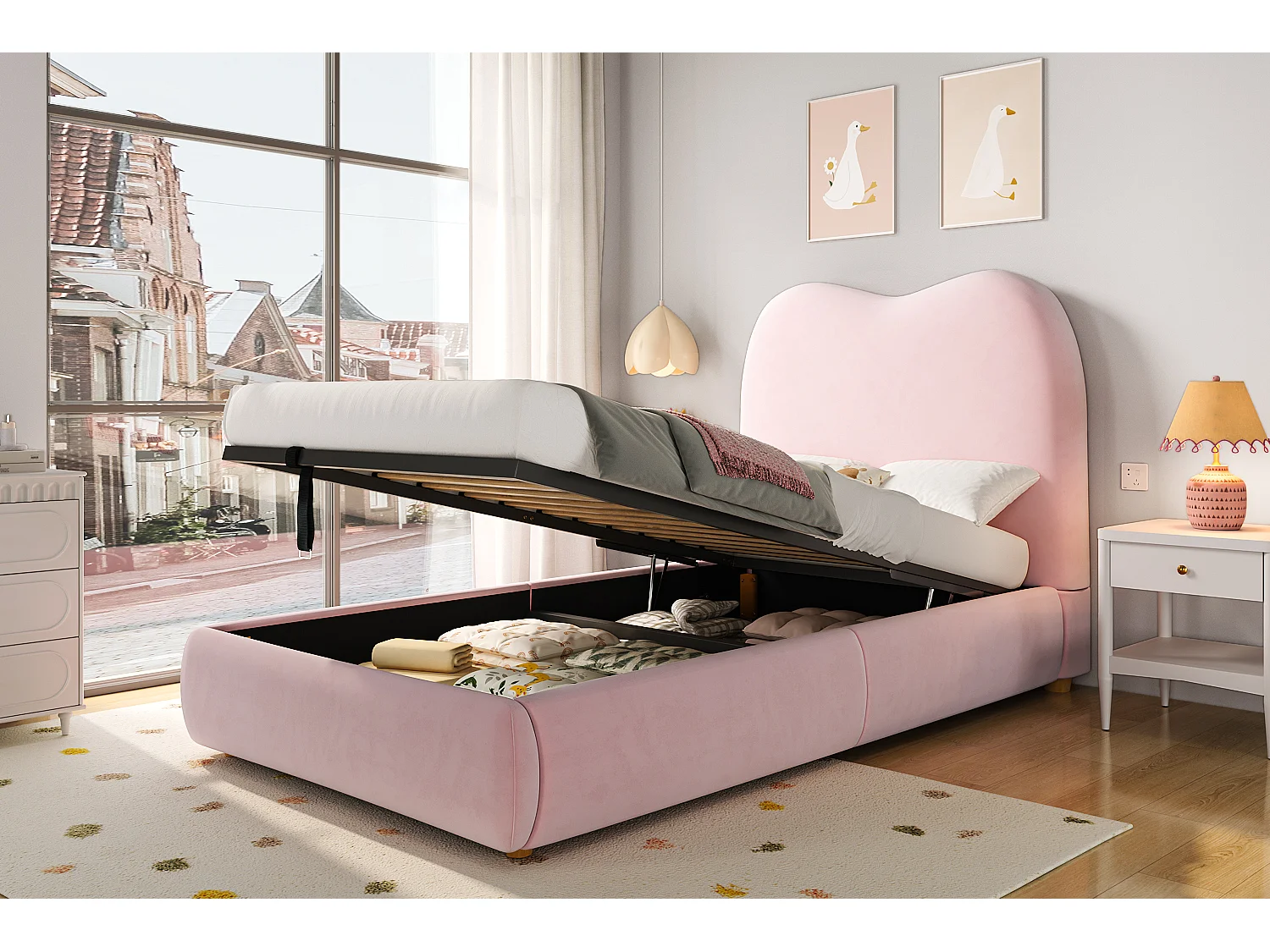 Kinderbed met opbergruimte 90x200cm in roze fluweel - Gestoffeerd bed met hoofdeinde