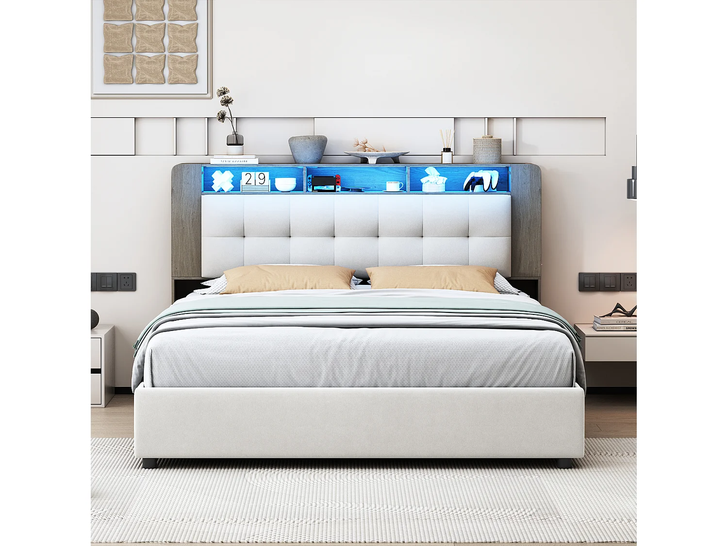 Lit double, 140 x 200 cm, avec éclairage LED, tête de lit avec chargeur sans fil et espace de rangement, velours, blanc cassé