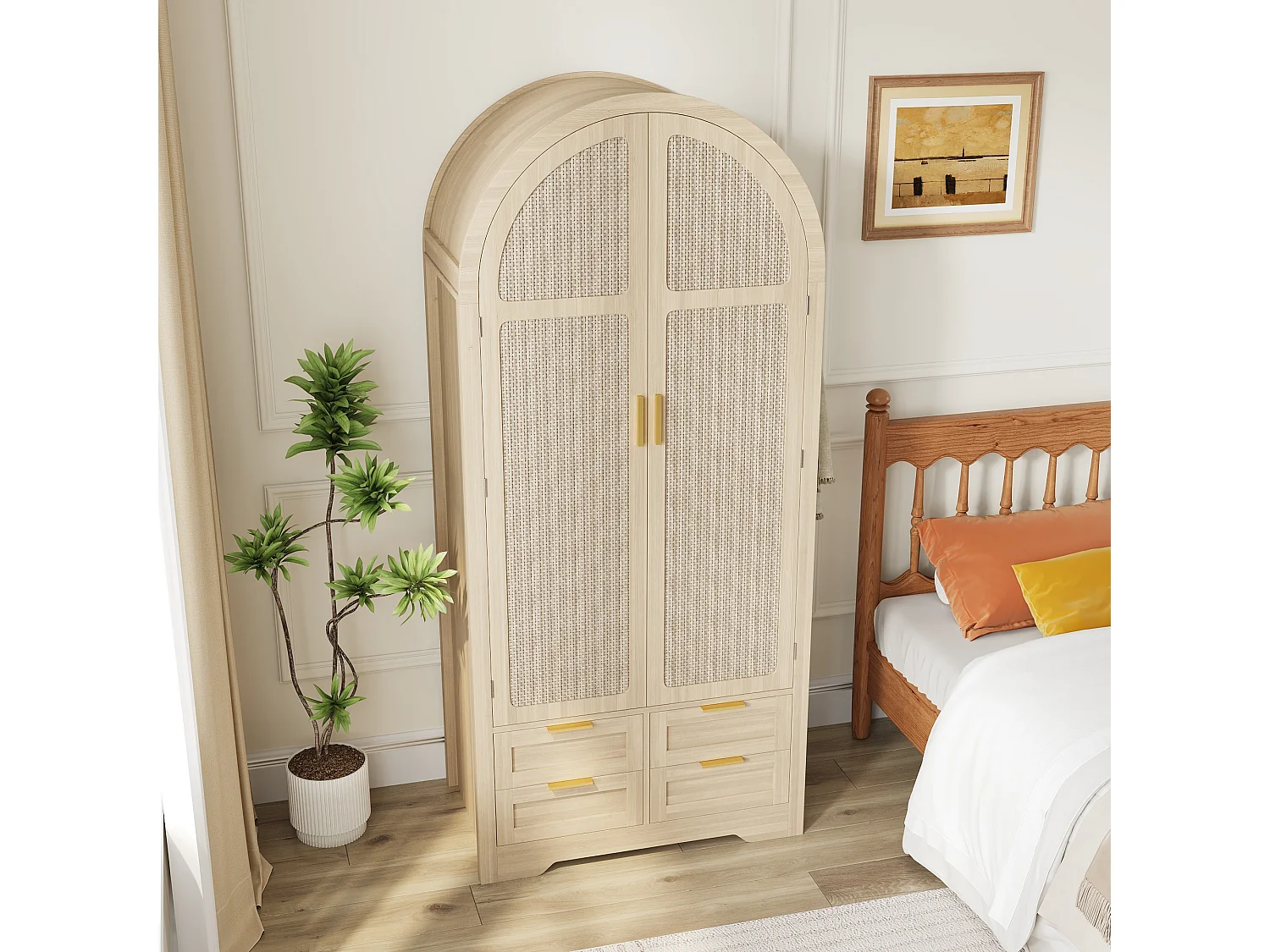 Moderner Kleiderschrank mit gebogenen Türen – 80 x 50 x 179 cm – mit Kleiderstange und 4 Schubladen – für Schlafzimmer und Flur – MDF – natur