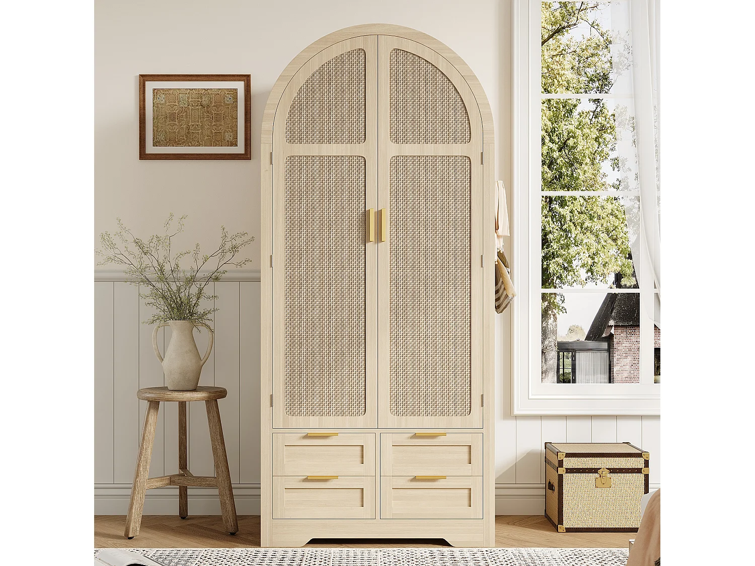 Moderner Kleiderschrank mit gebogenen Türen – 80 x 50 x 179 cm – mit Kleiderstange und 4 Schubladen – für Schlafzimmer und Flur – MDF – natur