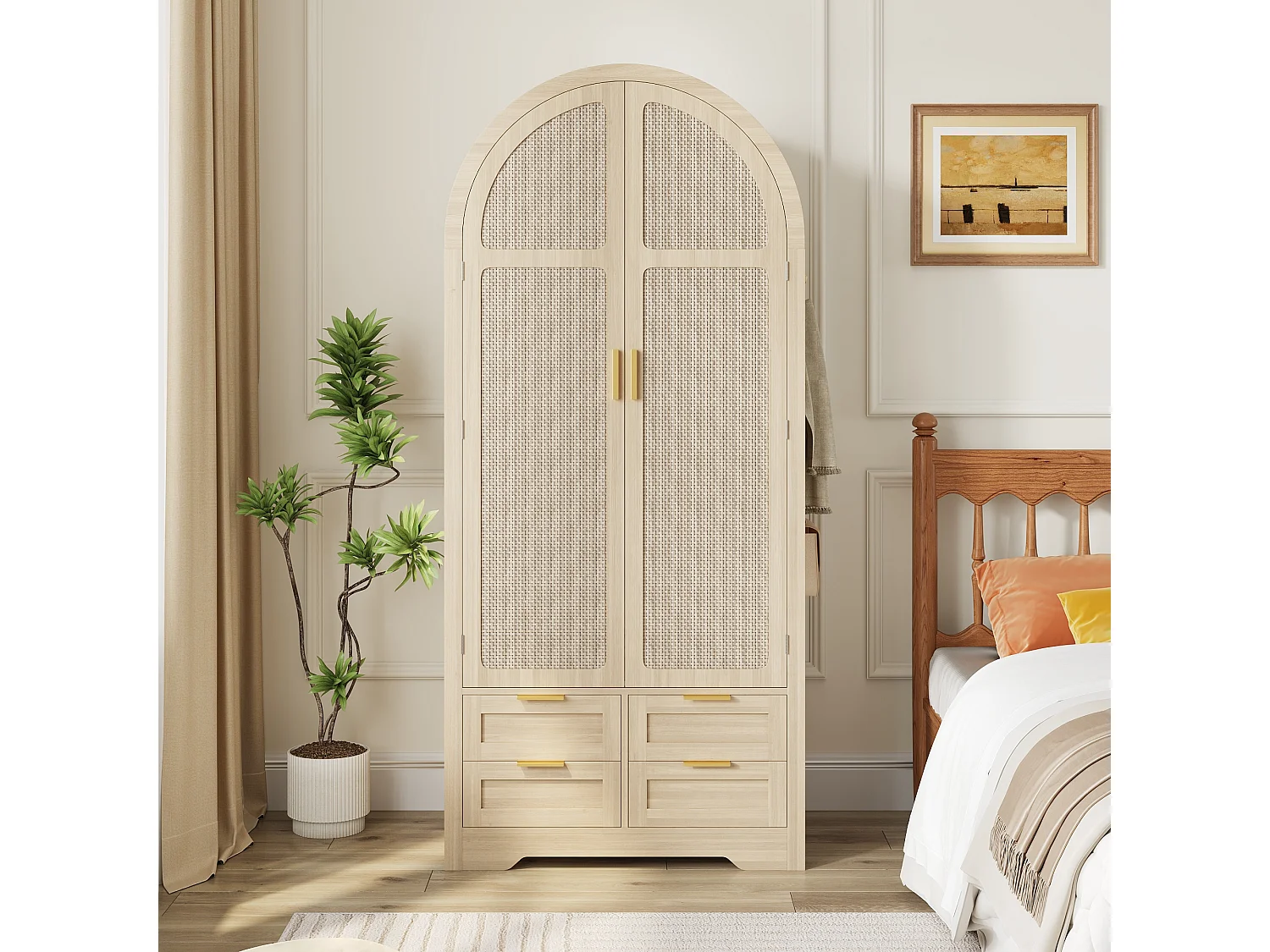 Armoire moderne à portes courbes - 80 x 50 x 179 cm - avec tringle + 4 tiroirs - pour chambres + entrées - MDF - naturel