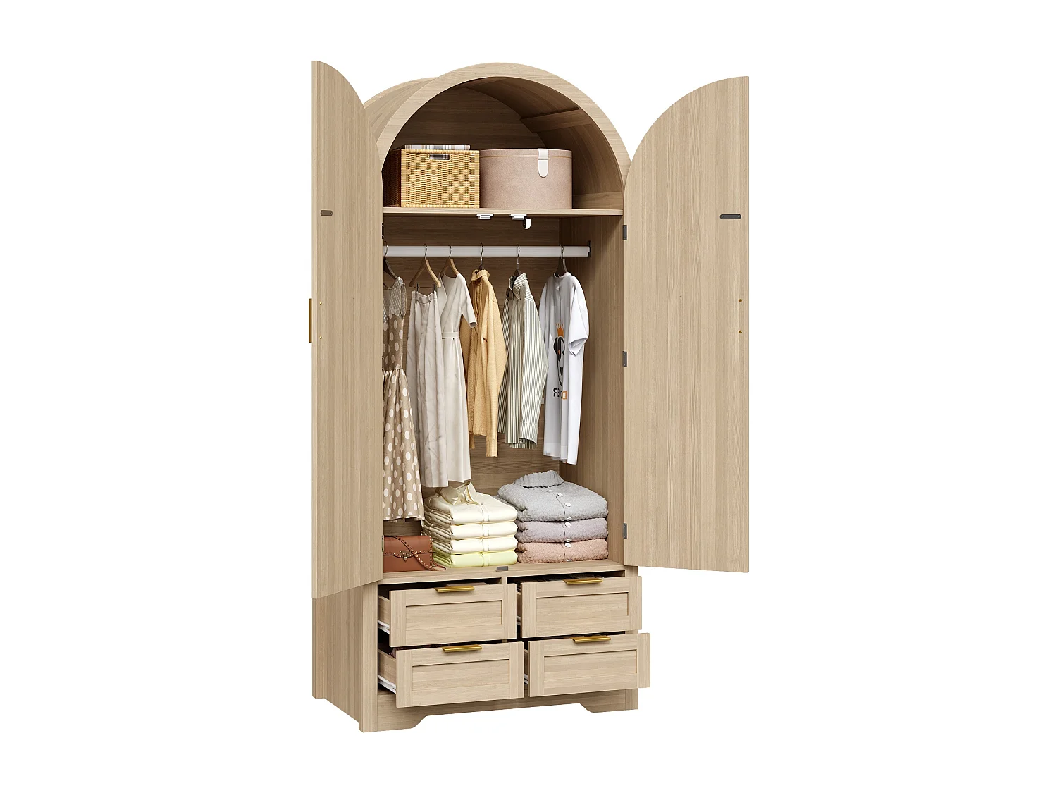 Armoire moderne à portes courbes - 80 x 50 x 179 cm - avec tringle + 4 tiroirs - pour chambres + entrées - MDF - naturel