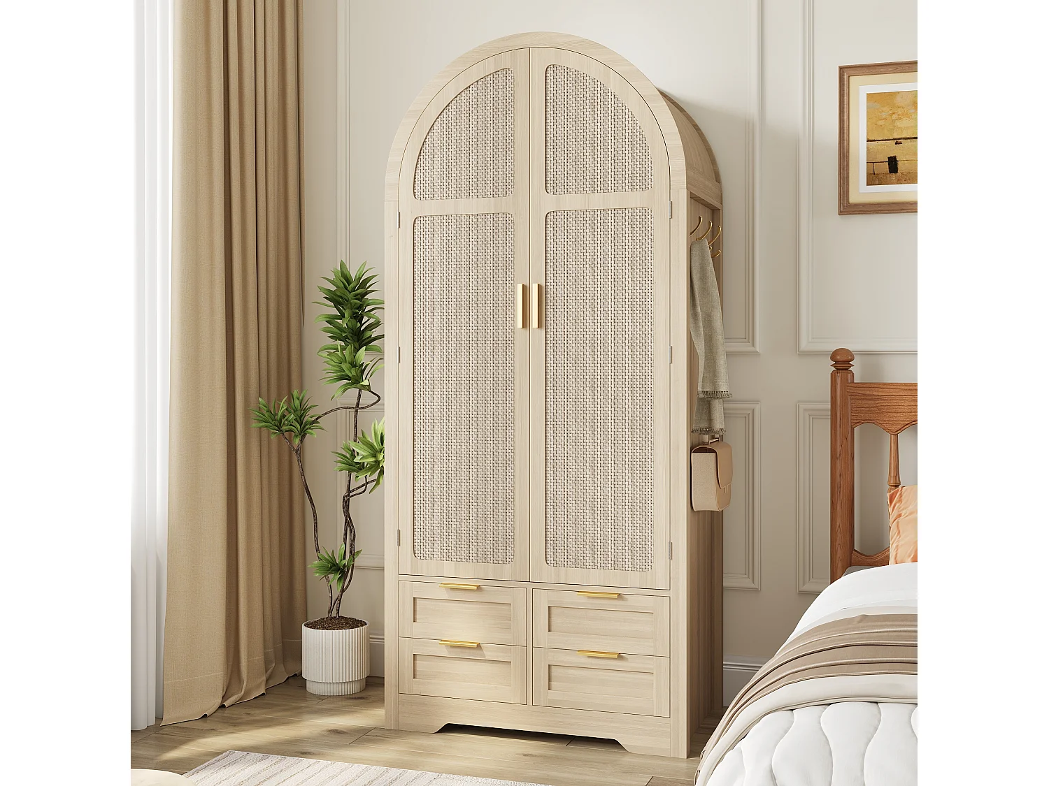 Armoire moderne à portes courbes - 80 x 50 x 179 cm - avec tringle + 4 tiroirs - pour chambres + entrées - MDF - naturel