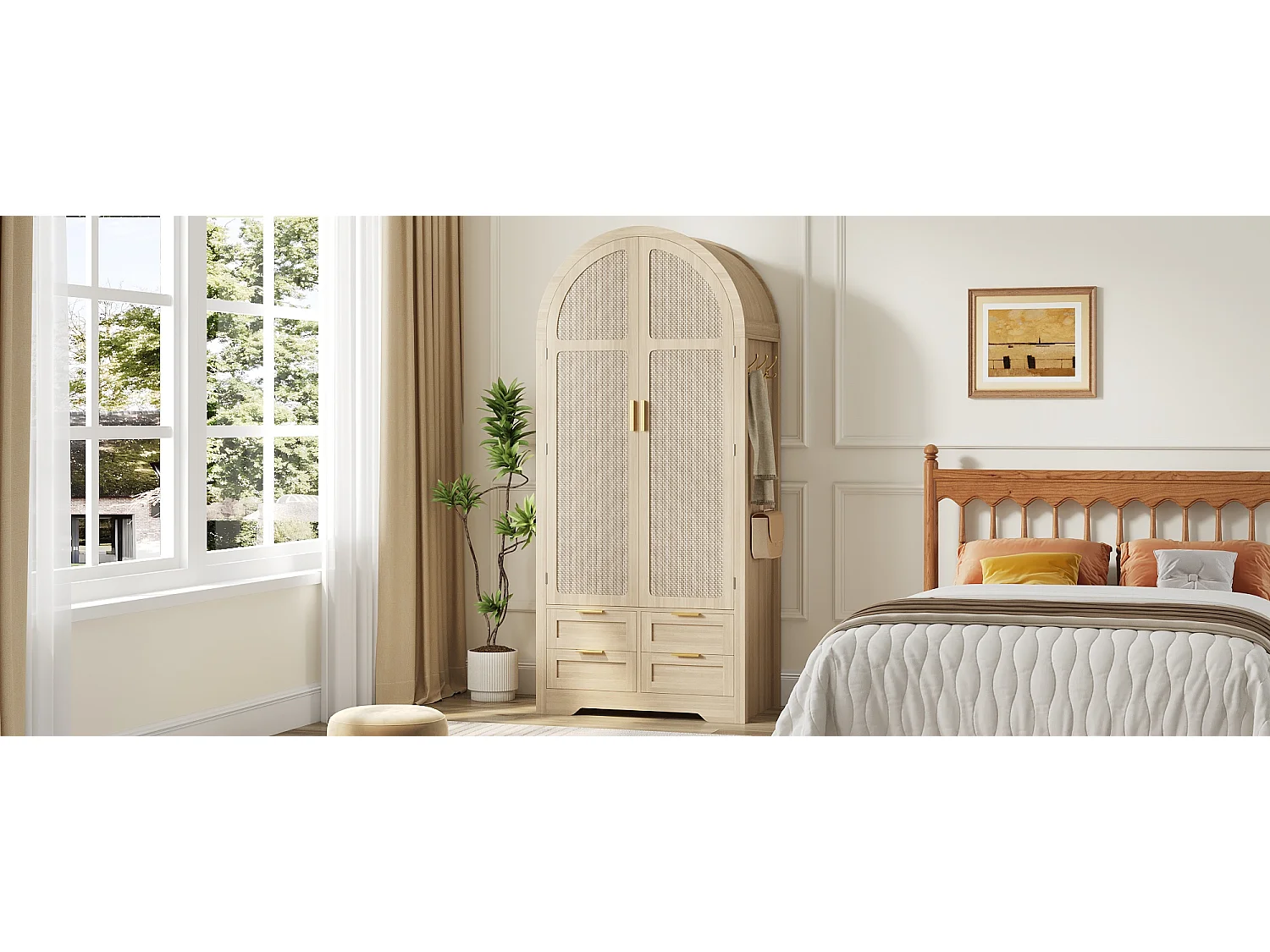 Armoire moderne à portes courbes - 80 x 50 x 179 cm - avec tringle + 4 tiroirs - pour chambres + entrées - MDF - naturel