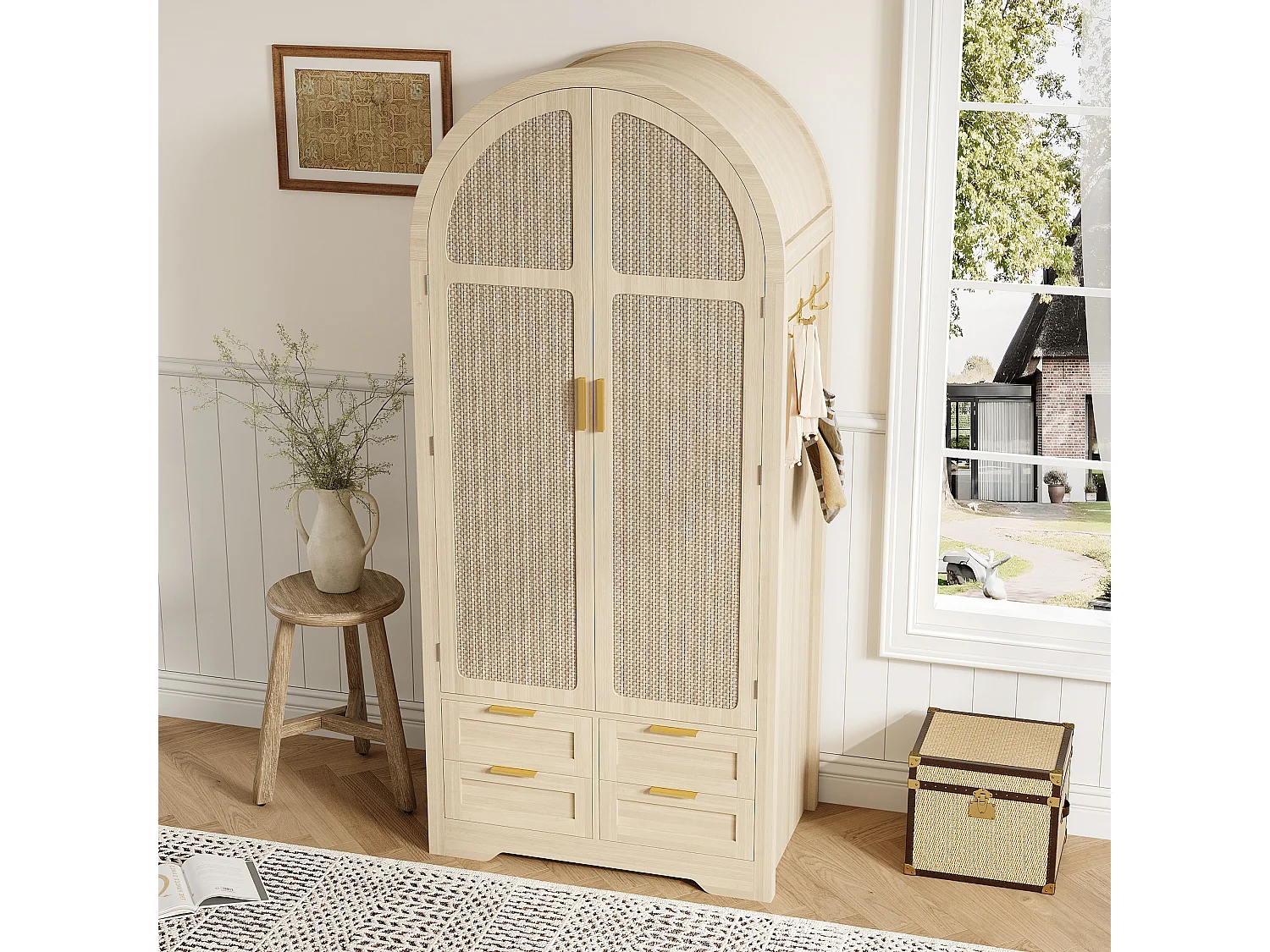 Armoire moderne à portes courbes - 80 x 50 x 179 cm - avec tringle + 4 tiroirs - pour chambres + entrées - MDF - naturel