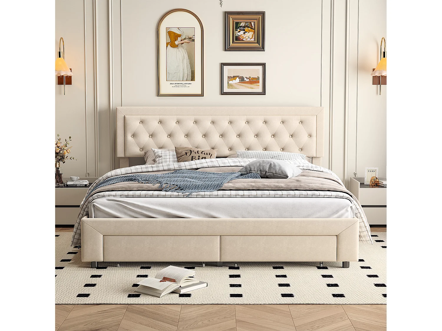 Lit double 180x200cm avec 2 tiroirs - rangement hydraulique et sommier à lattes - velours - beige