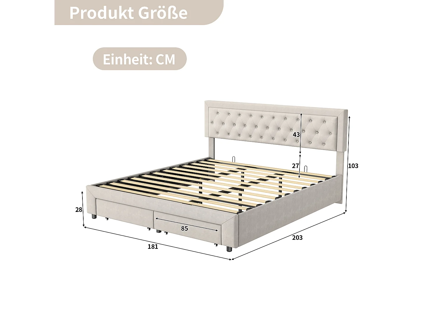 Lit double 180x200cm avec 2 tiroirs - rangement hydraulique et sommier à lattes - velours - beige