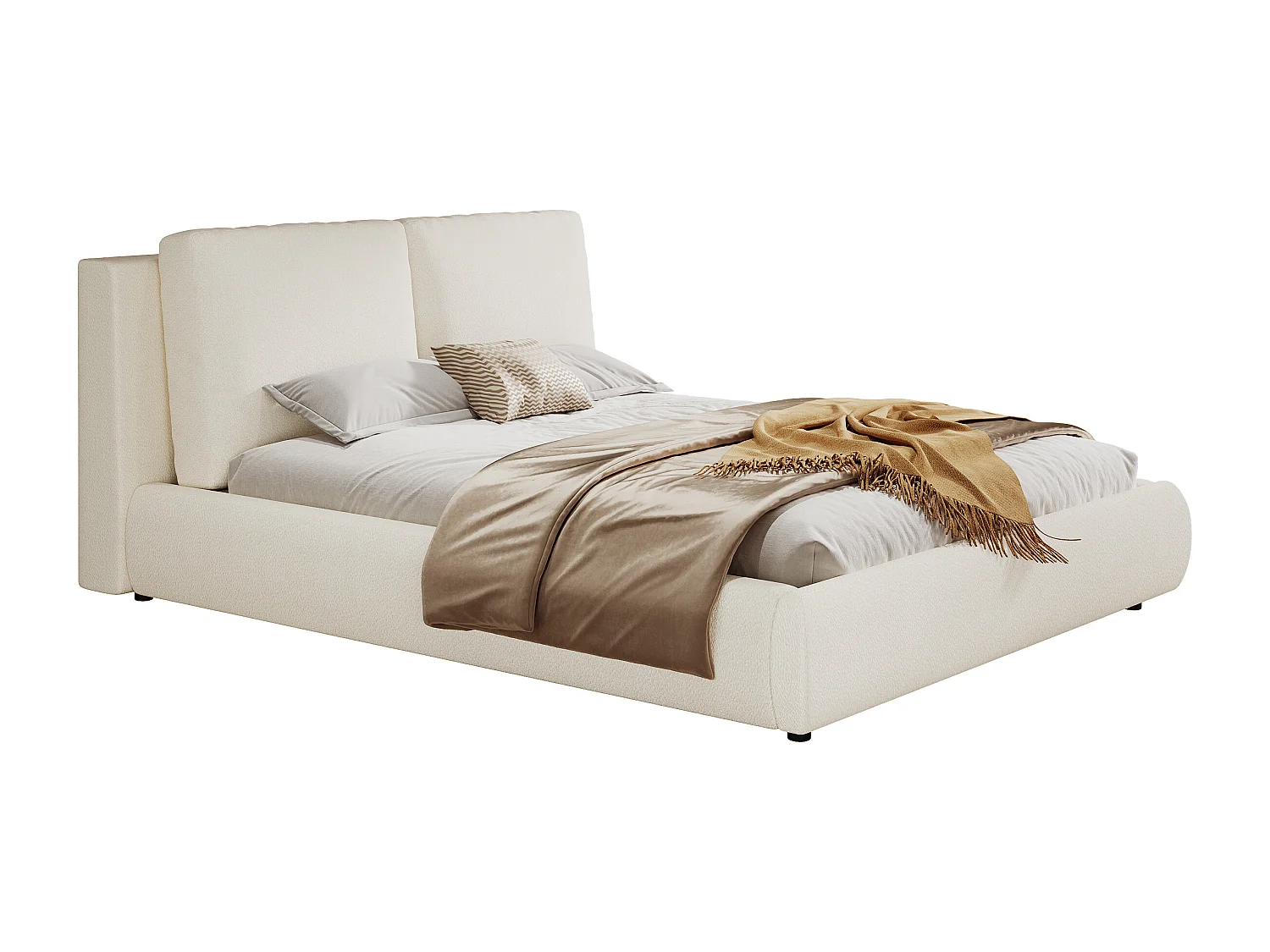 Lit coffre double 180x200cm en tissu bouclé - Tête de lit rembourrée - Beige