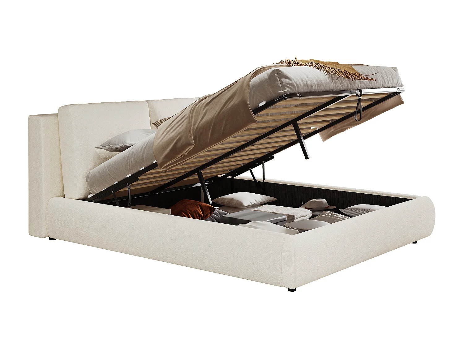 Lit coffre double 180x200cm en tissu bouclé - Tête de lit rembourrée - Beige