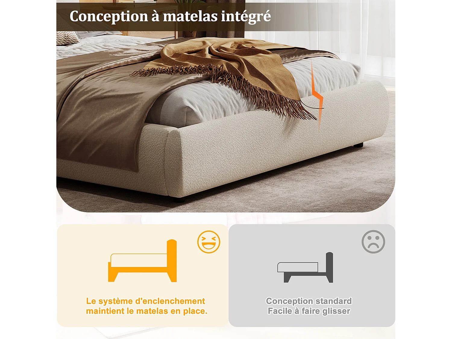 Lit coffre double 180x200cm en tissu bouclé - Tête de lit rembourrée - Beige