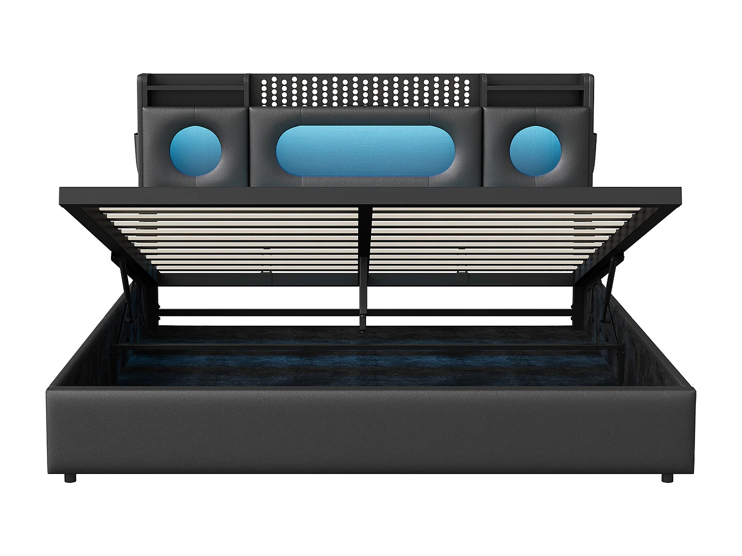 Cama doble 140x200cm con cabecero LED - espacio de almacenamiento y puerto USB - canapé hidráulico - PU - negro