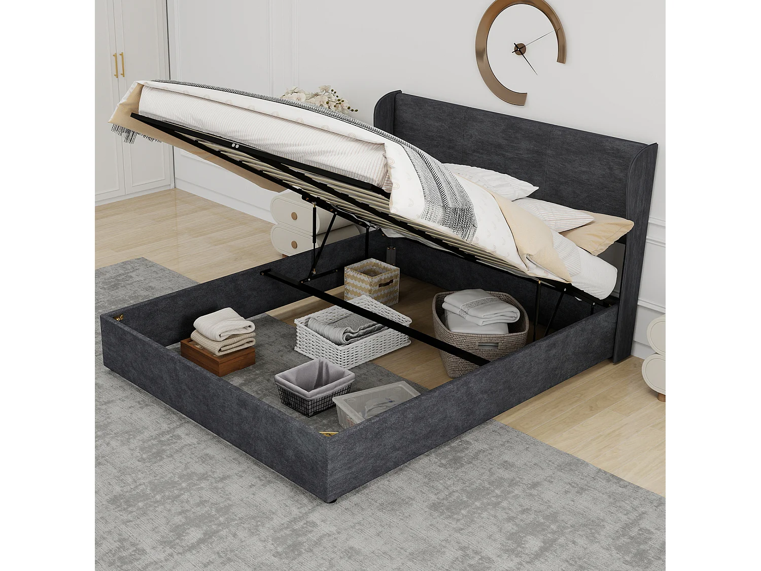 Lit coffre adulte 160x200cm - Lit double rembourré en velours gris (sans matelas)