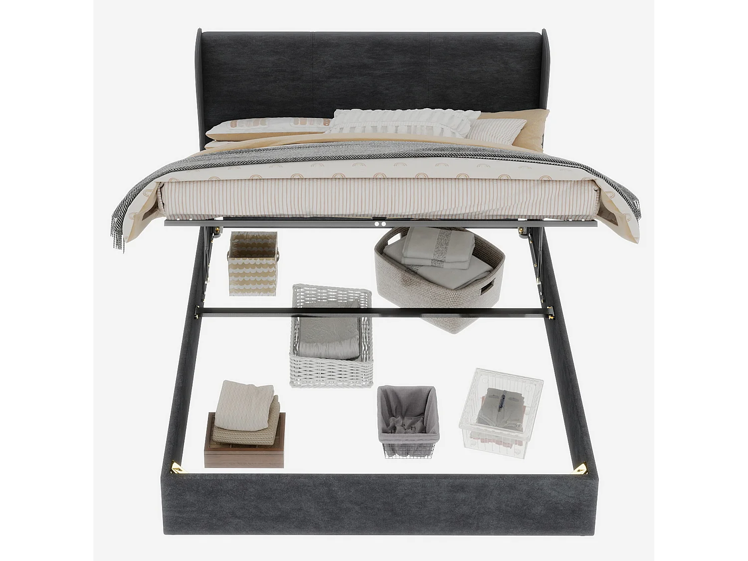 Lit coffre adulte 160x200cm - Lit double rembourré en velours gris (sans matelas)