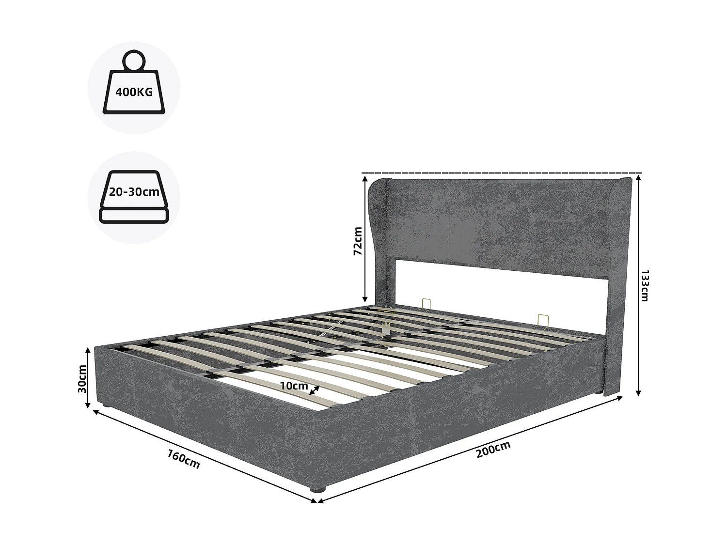 Lit coffre adulte 160x200cm - Lit double rembourré en velours gris (sans matelas)