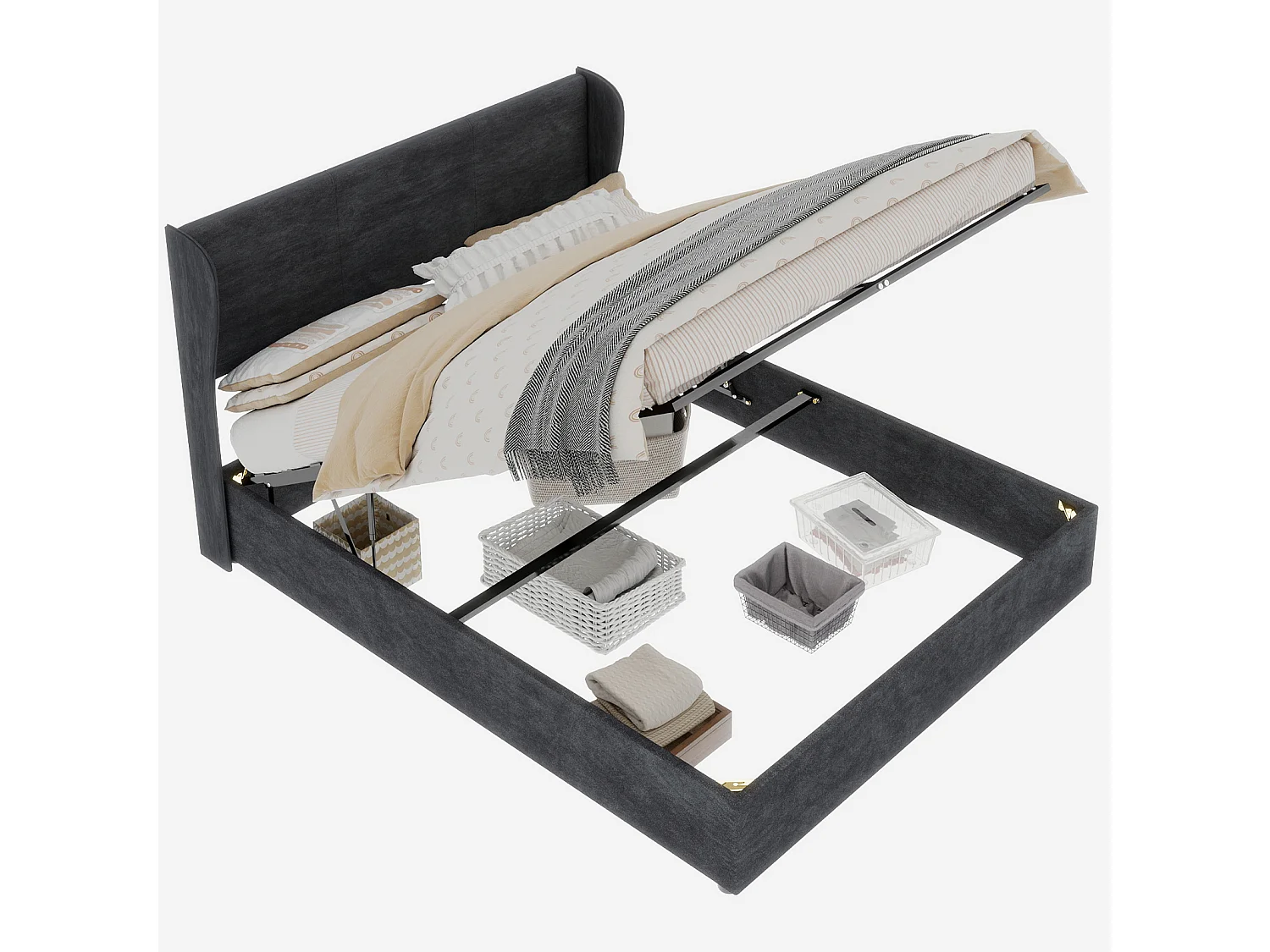 Lit coffre adulte 160x200cm - Lit double rembourré en velours gris (sans matelas)