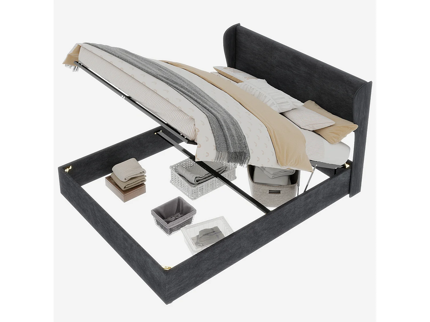 Lit coffre adulte 160x200cm - Lit double rembourré en velours gris (sans matelas)