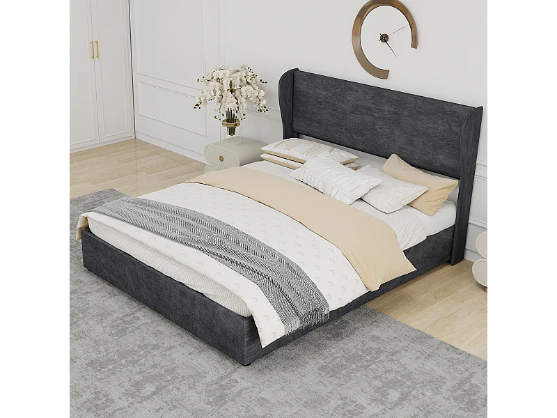 Lit coffre adulte 160x200cm - Lit double rembourré en velours gris (sans matelas)