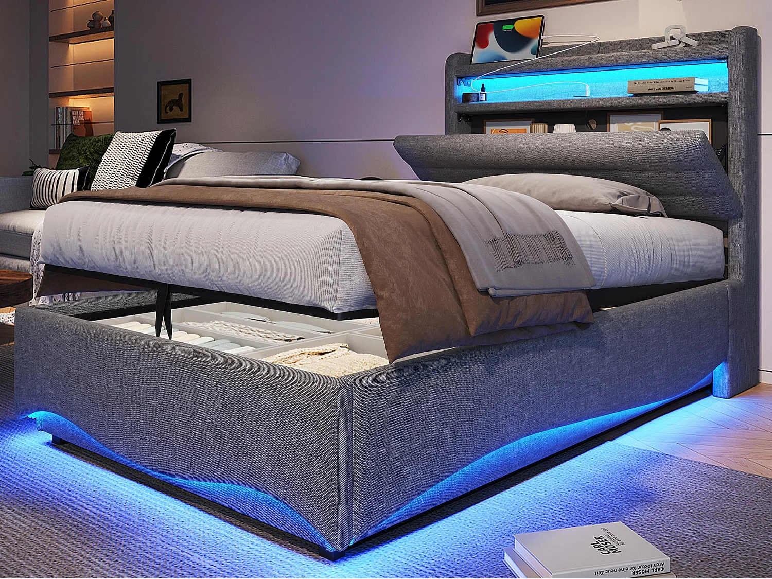 Lit coffre capitonné 90x200 cm - avec lumière LED - avec interface USB + Type-C - avec compartiments de rangement - tissu lin - gris (matelas non inclus)